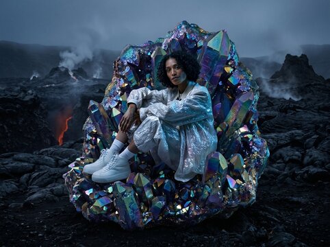 Woman in Crystal Geode Amid Volcanic Landscape