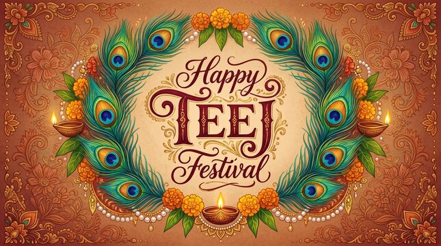 Happy Teej Festival greeting banner with peacock feathers and traditional Indian mandala patterns on a golden background
