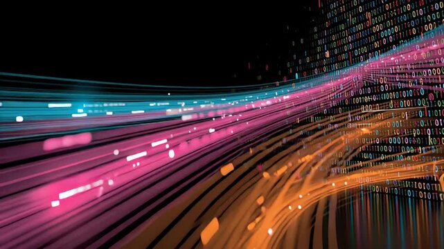 Futuristic abstract visualization of big data streams with flowing colorful data patterns, binary code elements, advanced analytics interfaces, machine learning systems, digital processing networks, a