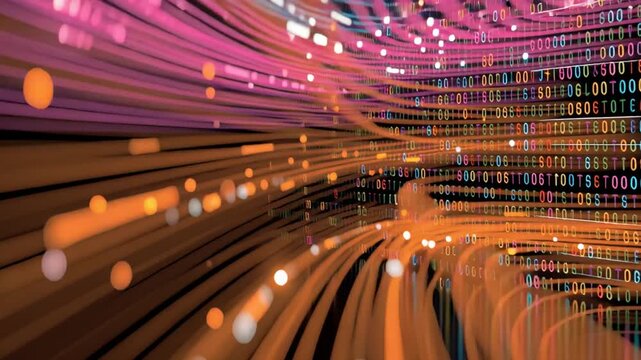 Futuristic abstract visualization of big data streams with flowing colorful data patterns, binary code elements, advanced analytics interfaces, machine learning systems, digital processing networks, a