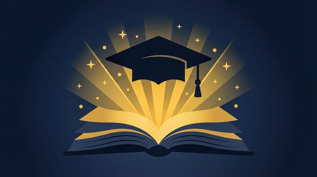 graduation celebration, a graduation cap silhouette rises from an open book surrounded by golden rays