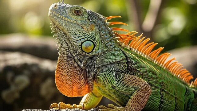 Iguana bobs head and unfurls dewlap in slow motion on warm day in nature