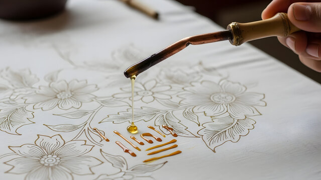 Hand applying hot wax with canting tool on fabric to create traditional Indonesian batik textile pattern with floral design