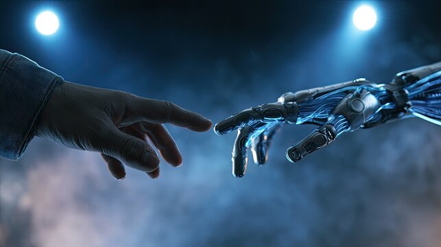 A human hand and a robotic hand reach for each other, symbolizing connection