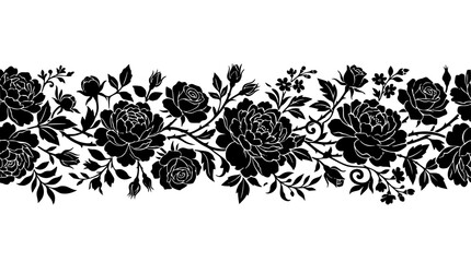Fototapeta premium Seamless Floral Border with Black Peonies and Roses Silhouettes