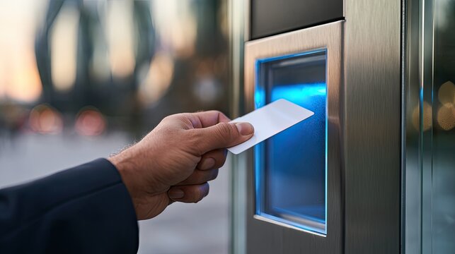 Close-up of hand inserting blank card into modern electronic access point