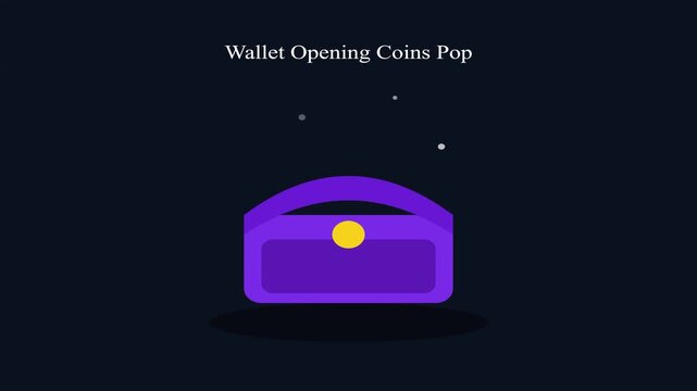 Purple wallet opening with popping gold coins in this minimalist flat vector style animation motion clip