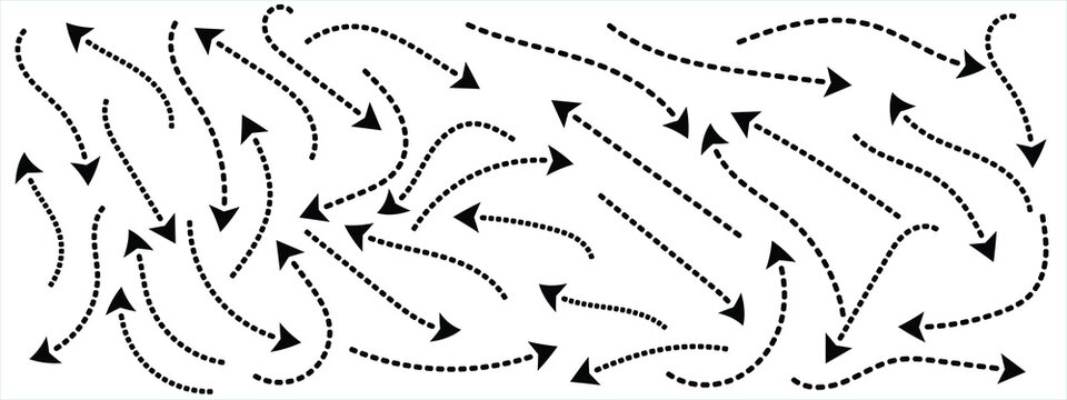 Hand drawn curve dotted line arrow set. Curved dash arrow and movement icon. Vector illustration By Mst
