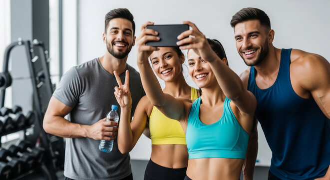 Four young, fit adults taking a selfie in a modern gym, smiling and showing enthusiasm for their workout, symbolizing fitness, health, and community