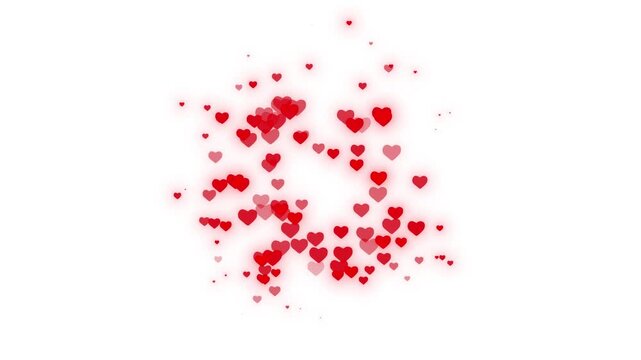 Valentines day love heart frame, glowing red glitter hearts particles, romantic wedding loop background, shiny light heart motion, abstract 4k moving red hearts with white background.