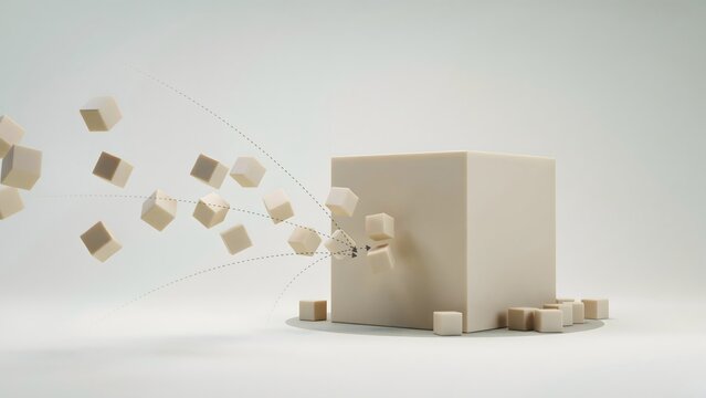 Ivory cubes converging into perfect central block &ndash; Ideal for consolidation strategies, data compression tools, or corporate structure unity.