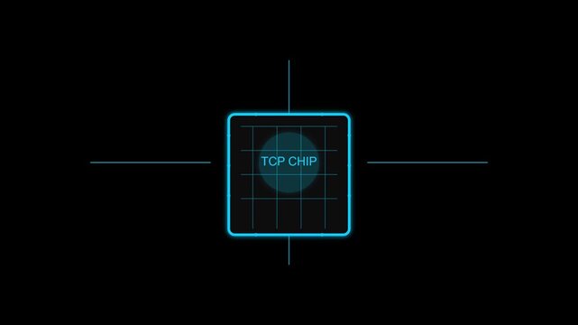 Glowing neon blue tcp chip digital interface animation displaying data processing motion on black background screen