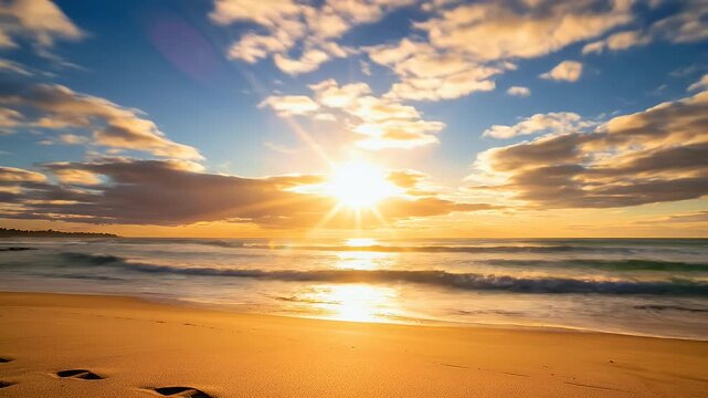 Golden sunset casts warm glow on ocean waves and sandy shore with footprints