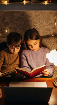 Two children reading books under warm light, surrounded by fairy lights, creating a cozy atmosphere symbolizing education and home comfort