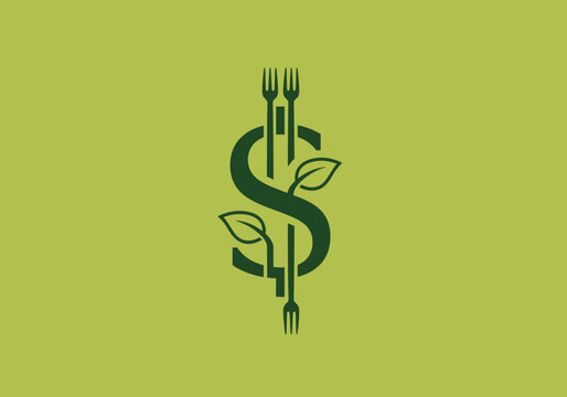 Dollar sign logo with forks and leaves on green background