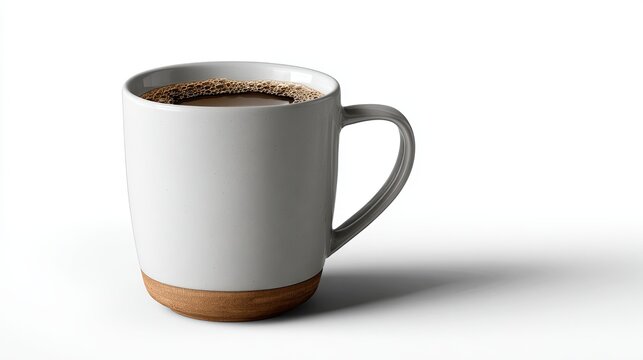 White ceramic mug filled with hot coffee.