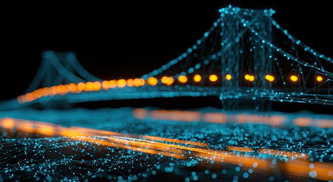 Futuristic digital network bridge over illuminated data stream