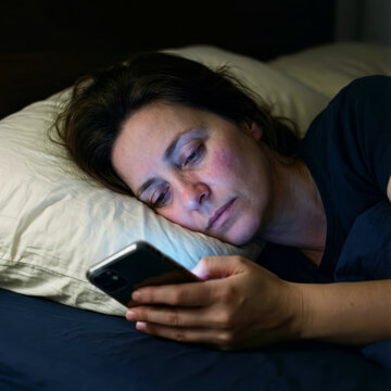 middle-aged woman looking at phone in bed