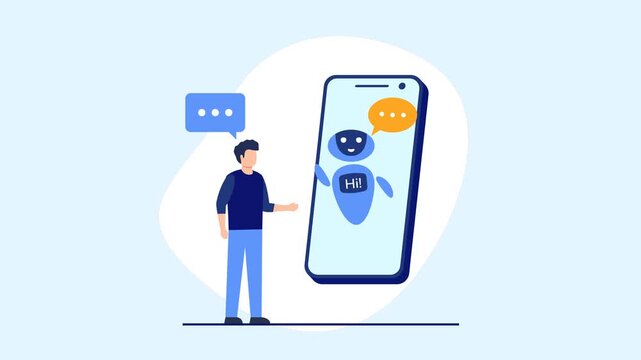 Animated man using chatbot virtual assistant on smartphone