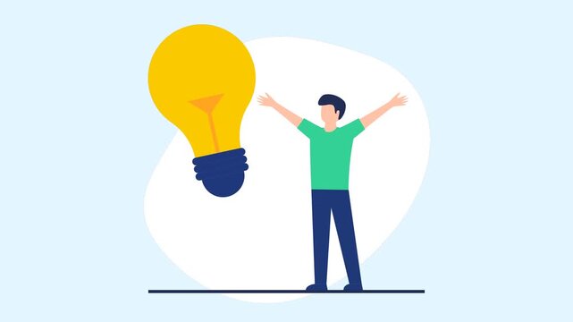 Happy man with a big idea lightbulb animation