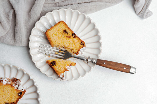 Homemade raisin loaf cake on a plate with fork