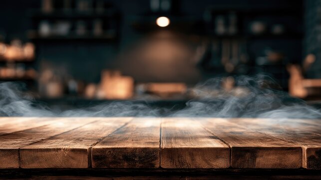 Rustic wooden tabletop in a dimly lit kitchen, with wisps of steam