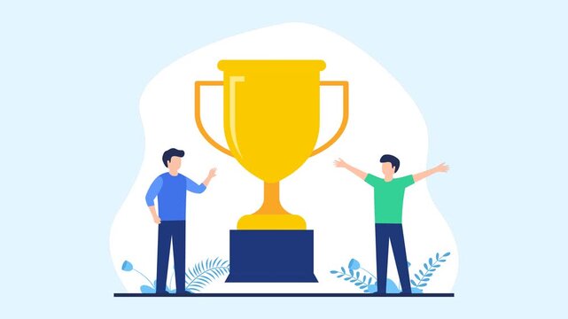 Successful businessmen celebrating victory with a golden trophy animation