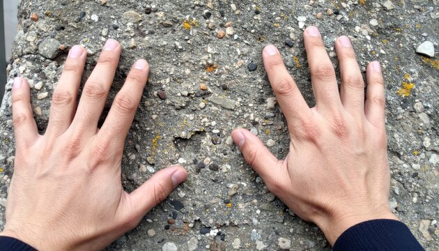 Human hands touching a coarse pebble dash stone wall.