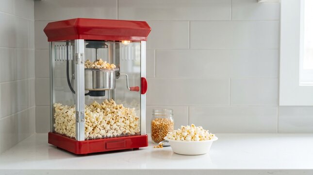 Mini popcorn machine filling bowl with freshly popped popcorn  