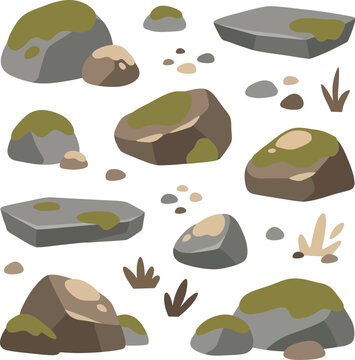 A collection of cartoon rocks and stones with moss and lichen for design.