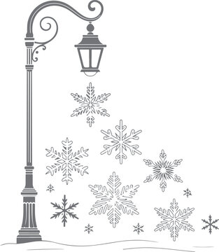 Vintage street lamp with falling snowflakes vector illustration for winter night scene background design elements and classic urban street decoration.