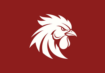 Fierce white cockerel head mascot on red and black background © alpen