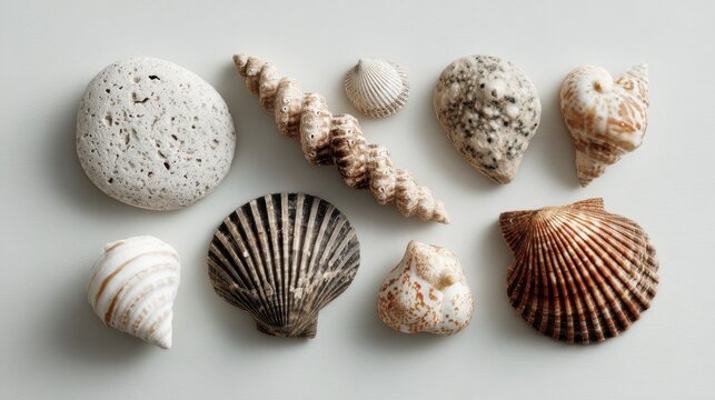 Collection of Various Seashells on White Background.