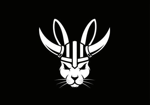 Fierce Viking rabbit mascot logo in black and white