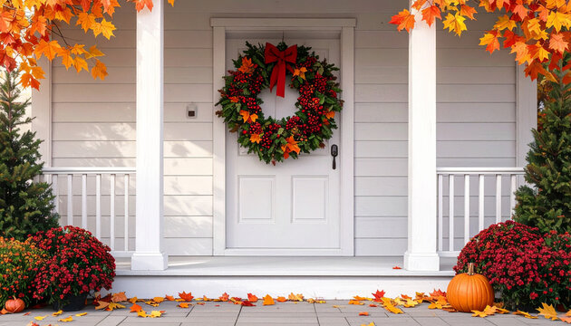 Autumn Front Porch with Wreath Decoration