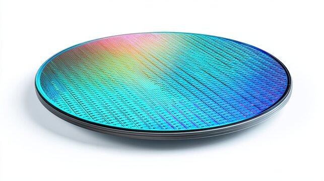 Colorful silicon wafer with intricate patterns.