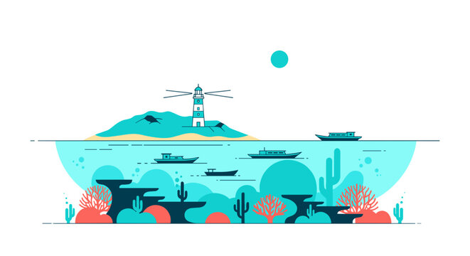 Underwater scene with sharks and island.