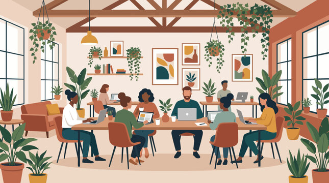 Diverse coworkers working on laptops in a modern green office filled with potted plants, representing sustainable workspace design and collaborative digital nomad lifestyle