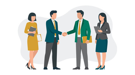 Obraz premium Business people shaking hands during a meeting with colleagues standing nearby vector illustration, representing successful corporate partnership and professional business agreement