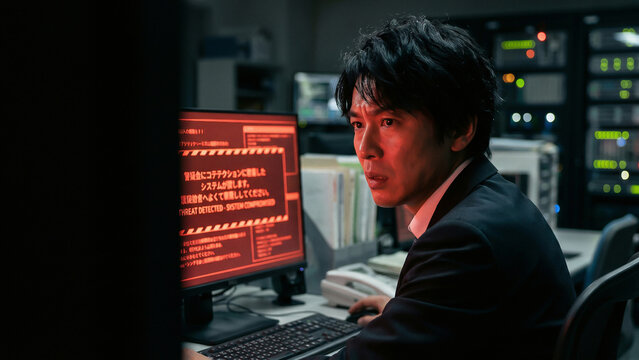Cinematic Japanese man in suit shocked by ransomware warning glowing red monitor showing cybersecurity threat vision Perfect for advertising presentation and background designs