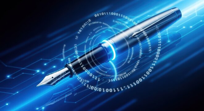 Blue fountain pen writing digital binary code on dark background blue ink digital data