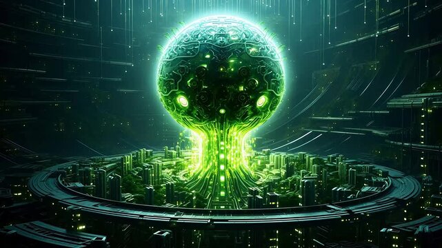 Digital technology green human brain and neurons abstract background