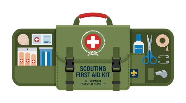International scout day first aid kit box with medical supplies on a table indoors
