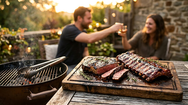 Delicious Grilled Gourmet Meat and Steaks on Wooden Board with Happy Couple Celebrating in Background