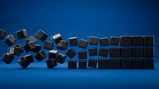 Matte black cubes moving from chaos into ordered grid &ndash; Ideal for business transition planning, automated sorting systems, or cloud data flow.