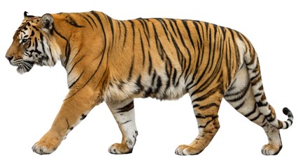 Obraz premium Majestic Bengal tiger walking, full body side view isolated on a white background