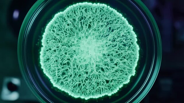 Time-lapse green microbial colony expanding in centered Petri dish under teal laboratory lighting
