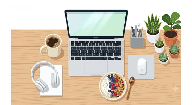 Modern home office setup with laptop, coffee mug, and indoor plants on wooden desk.