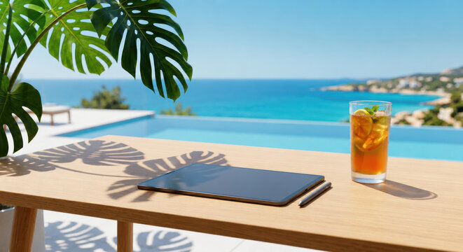 Tablet e bevanda fresca su tavolo vista mare in resort di lusso. Generative AI 