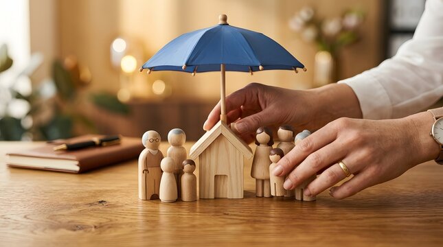 Wooden family figures under umbrella protecting a house